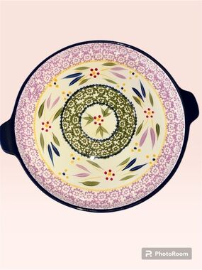 Temptations by Tara 12” D Old World Tray. Navy, Pink, Gray, Yellow Ovenware